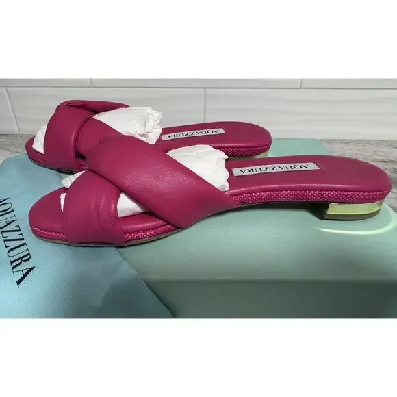 New Aquazzura Olie Pink Soft Leather Raffia Flat Slide on Sandals Size 35 - Picture 7 of 12